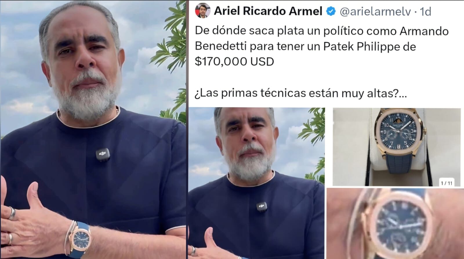 Armando Benedetti responde a críticas sobre su reloj Patek Philippe.